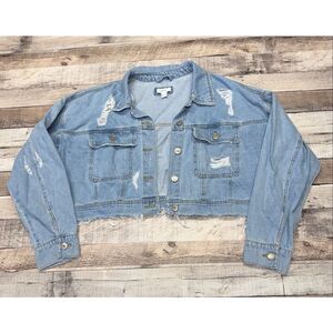 Forever 21+ Cropped Distressed Blue Denim Button Up Long Sleeve Jacket Size 2X